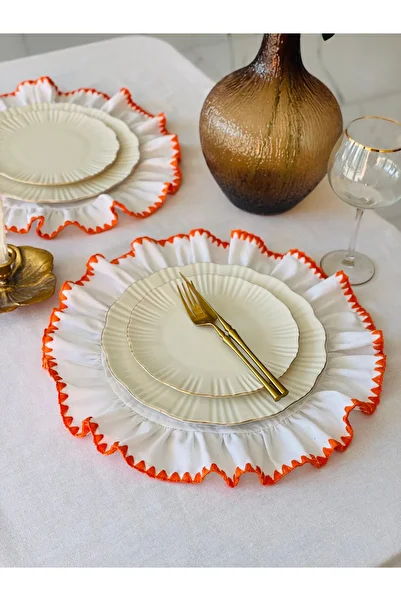 HOME OF BLOSSOM 6-Piece White Linen Orange Edge Detail Ruffled Service