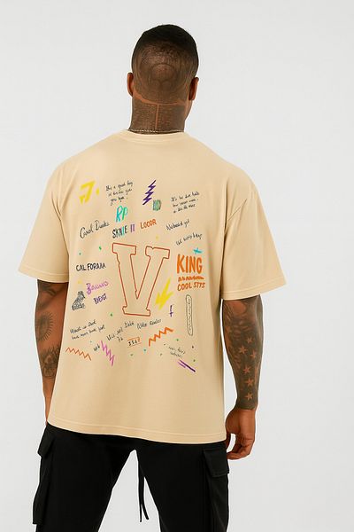 BENROMA In Cart 6 and Above Purchases Get 1 T-Shirt as a Gift - V Printed Oversize White T-Shirt