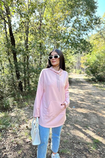 NEW LAVİVA Γυναικεία μακρυμάνικη πούδρα, γιακά με κορδόνια, κουκούλα, τσέπη καγκουρό, φαρδιά, μακρύ φούτερ τουνίκ