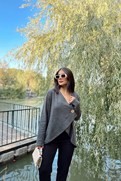 NEW LAVİVA Women's Anthracite Asymmetric Cut, Buttoned, Loose Cardigan Blouse