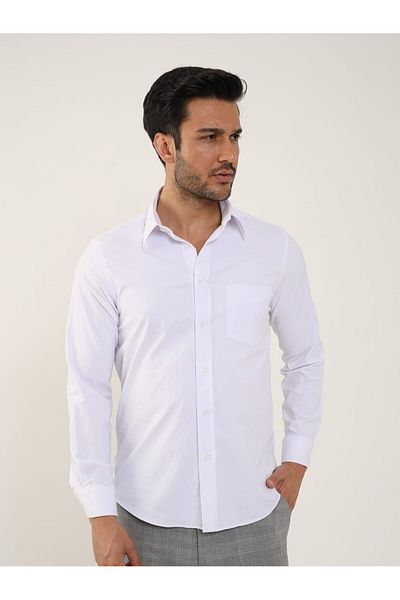 Dufy White Men's Regular Fit Plain Brent Collar Long Sleeve Shirt - 88184