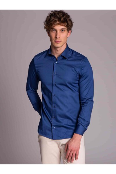 Dufy İndigo Erkek Slim Fit Düz Paul Yaka Uzun Kol Gömlek