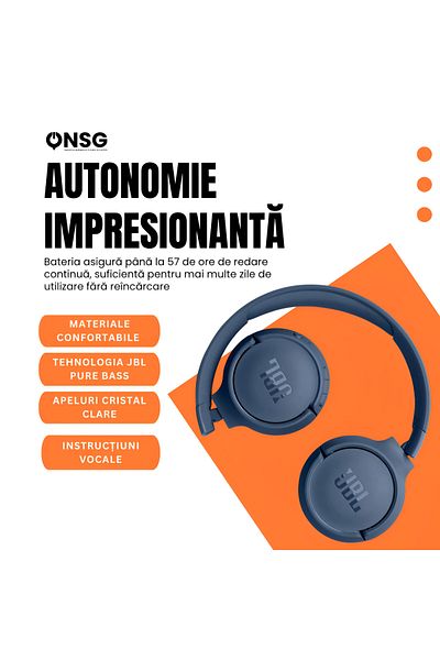 JBL Căști over-ear Tune 520bt Wireless, Pure Bass, Bluetooth 5.3, Asistent Vocal, Albastre
