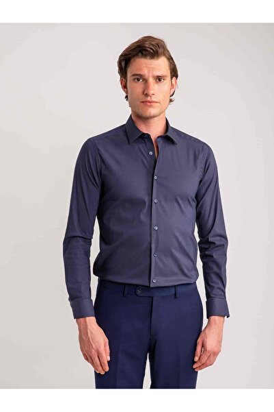 Dufy Lacivert Erkek Ekstra Slim Fit Düz Brent Yaka Uzun Kol Gömlek