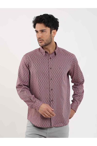Dufy Men's Claret Red Regular Fit Patterned Shirt - Long Sleeve, Buttoned Collar - 99219