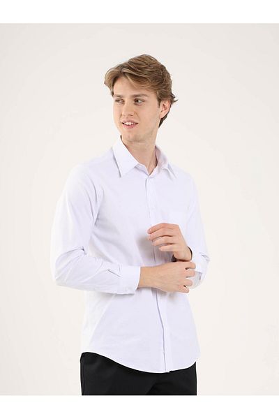 Dufy White Men's Large Size Plain Brent Collar Long Sleeve Shirt - 88204