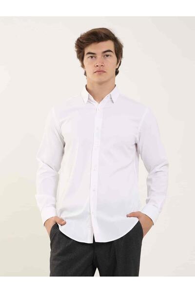 Dufy Men's Slim Fit Long Sleeve White Shirt