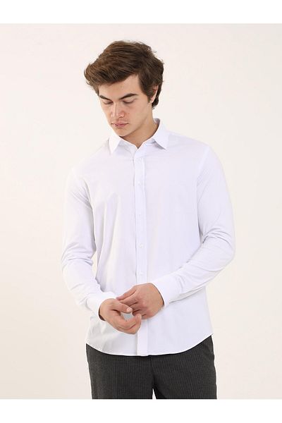 Dufy White Men's Slim Fit Plain Classic Collar Long Sleeve Shirt - 88164