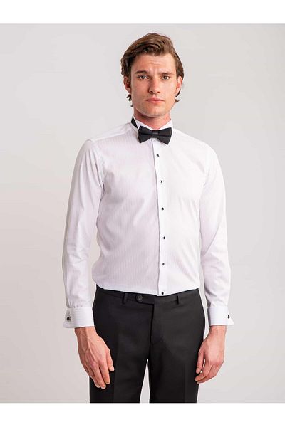 Dufy White Men's Slim Fit Striped Ankle Collar Long Sleeve Shirt - 58653