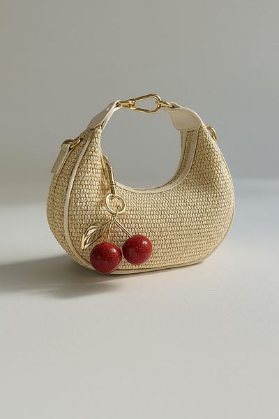 TAYEM Cherry Charm Bag Ornament & Accessory, Gold Gold Color Glitter Cherry, Resin Stone Bag Keychain