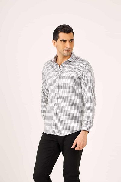 Dufy Dark Gray Men's Slim Fit Plaid Pattern Half Italian Collar Long Sleeve Shirt - 90539