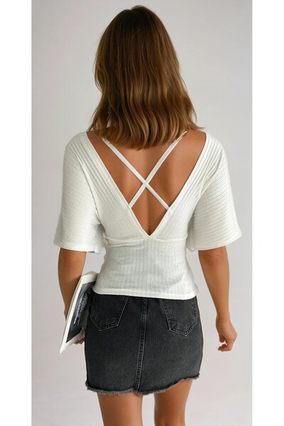 OLSAMODA Women's Double-Collar Open Back Bat-Sleeve Sleeves Knitted Fabric Bluz