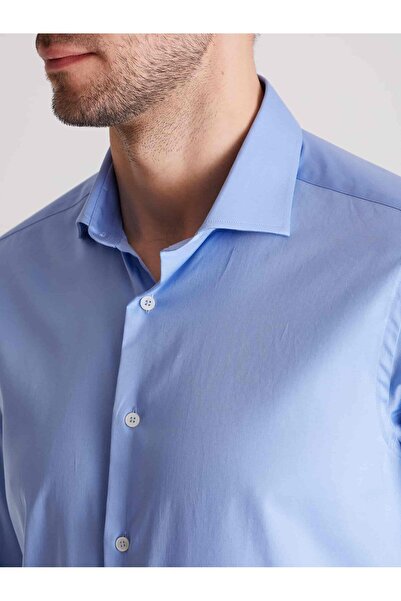 Dufy Koyu Mavi Erkek Slim Fit Düz Paul Yaka Uzun Kol Gömlek