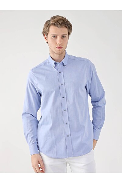 Dufy Koyu Mavi Erkek Regular Fit Oxford Brent Düğmeli Yaka Uzun Kol Gömlek