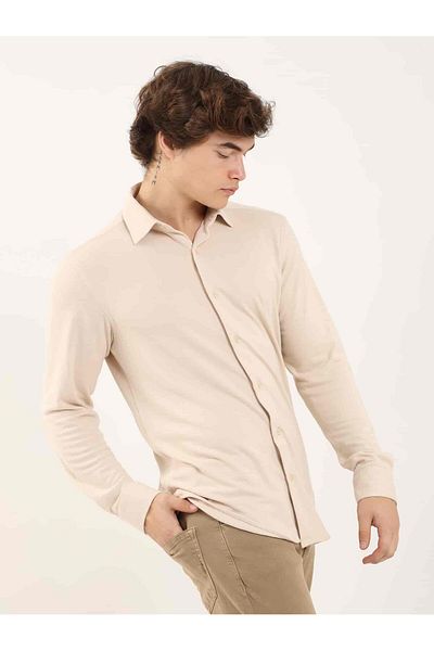 Dufy Beige Men's Slim Fit Plain Classic Collar Long Sleeve Shirt - 97956