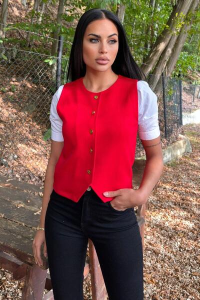 NEW LAVİVA Red Round Neck, Gold Button, Scuba Vest