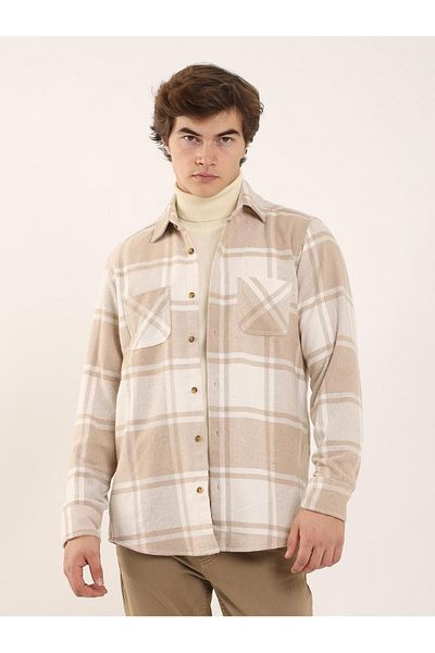Dufy Beige Men's Regular Fit Plaid Patterned Brent Collar Long Sleeve Shirt - 91654