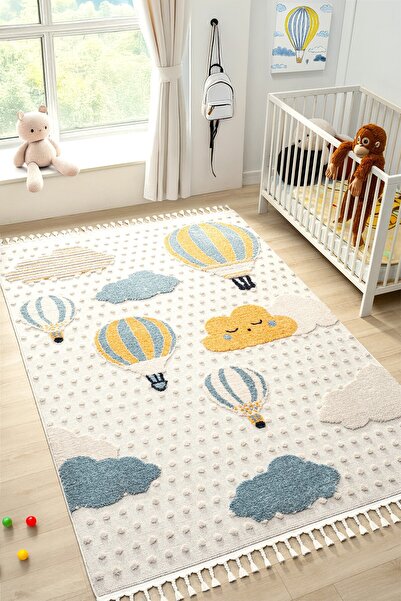 Eliz Home Yumuşak Bukleli Bebek Odası Çocuk Odası Genç Odası Dokuma Halı Mavi...