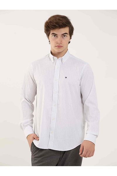 Dufy Mustard Men's Regular Fit Striped Button Collar Long Sleeve Shirt - 97916