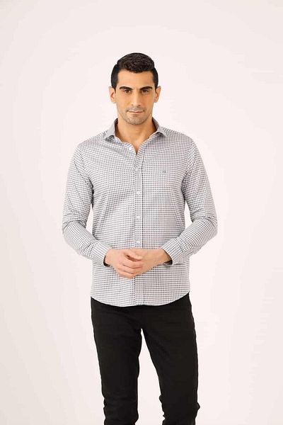 Dufy Dark Gray Men's Slim Fit Plaid Pattern Half Italian Collar Long Sleeve Shirt - 90539