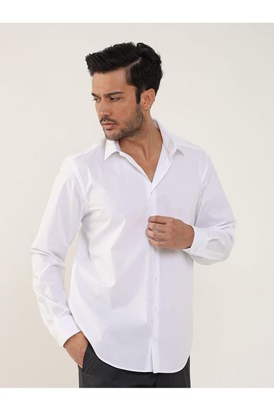 Dufy White Men's Regular Fit Classic Collar Long Sleeve Shirt - 103124