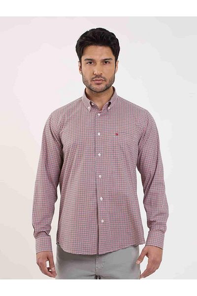 Dufy Men's Red Long Sleeve Shirt - Pitikare Pattern, Buttoned Collar, Regular Fit - 98709