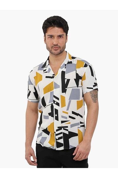 Dufy Men's Shirt - Mixed Color, Extra Slim Fit, Geometric Pattern, Apache Collar, Short Sleeve - 89456