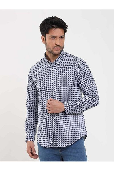 Dufy Men's Navy Blue Slim Fit Polka Dot Shirt - Brent Collar, Long Sleeve -104349