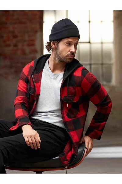 Dufy Red Men's Regular Fit Checked Zippered Hooded Long Sleeve Lumberjack Shirt - 90502