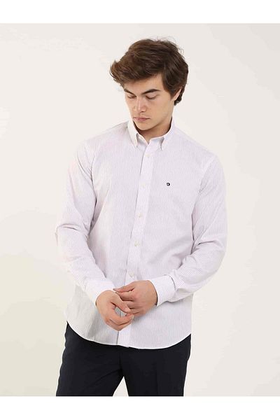 Dufy Claret Red Men's Regular Fit Striped Buttoned Collar Long Sleeve Shirt - 97911