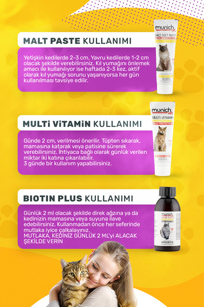 Munich Vet 3'lü Kedi Seti - Tüy Damlası Malt Pasta Multi Vitamin Pasta