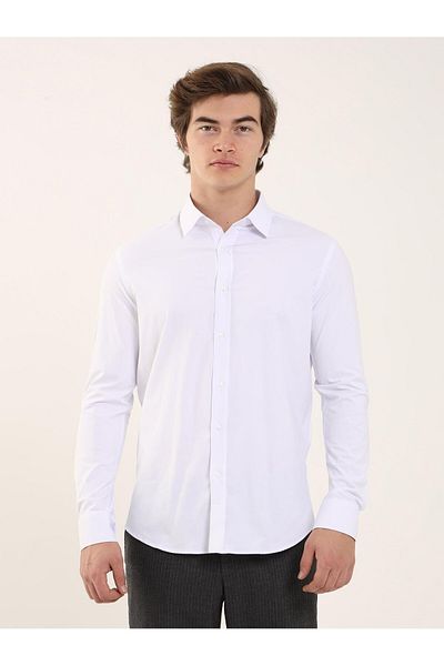 Dufy White Men's Slim Fit Plain Classic Collar Long Sleeve Shirt - 88164