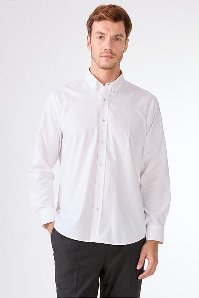 Dufy White Men's Regular Fit Oxford Brent Buttoned Collar Long Sleeve Shirt - 94827