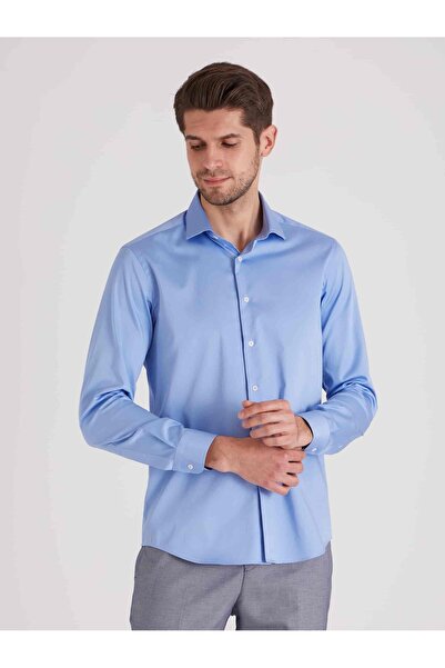 Dufy Koyu Mavi Erkek Slim Fit Düz Paul Yaka Uzun Kol Gömlek