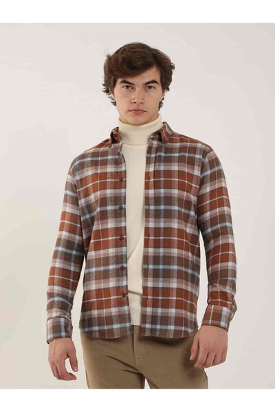 Dufy Kiremit Erkek Slim Fit Ekose Desenli Brent Düğmeli Yaka Uzun Kol Gömlek