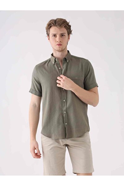 Dufy Khaki Men's Regular Fit Brent Buttoned Collar Short Sleeve Shirt - 95523