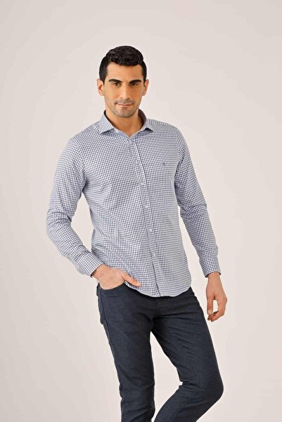 Dufy Koyu Mavi Erkek Slim Fit Ekose Desenli Yarım İtalyan Yaka Uzun Kol Gömlek - 90004