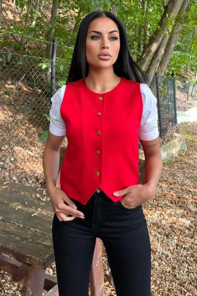 NEW LAVİVA Red Round Neck, Gold Button, Scuba Vest