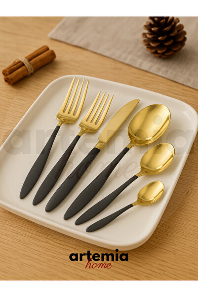 DMR LİFE 90 Piece Gold Dine Black Handle Fork/Spoon/Knife Set Stainless Steel 18/10