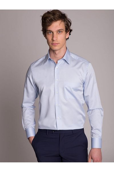 Dufy Cămașă pentru bărbați cu mânecă lungă albastru deschis - Potrivire obișnuită, guler clasic solid - 35862