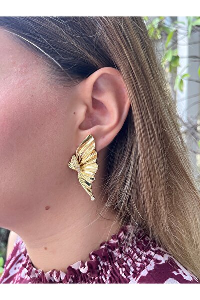MODA 14K Altın Renk Çelik Kelebek Formlu Taş Detaylı Küpe – Işıltılı ve Zarif Tasarım