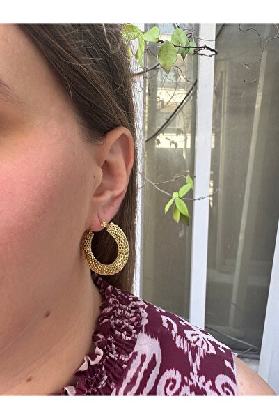 MODA Şık Örgü Dokulu Altın Renkli Kadın Halka Küpe