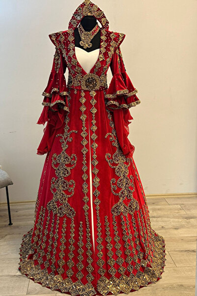 ZK ZÜMRÜT KAFTAN Bindallı Kaftan Kadife Abiye Gelin Kına Gecesi Elbisesi Bindallı TACI -KEMER-KOLYE + TARLATAN Hediye