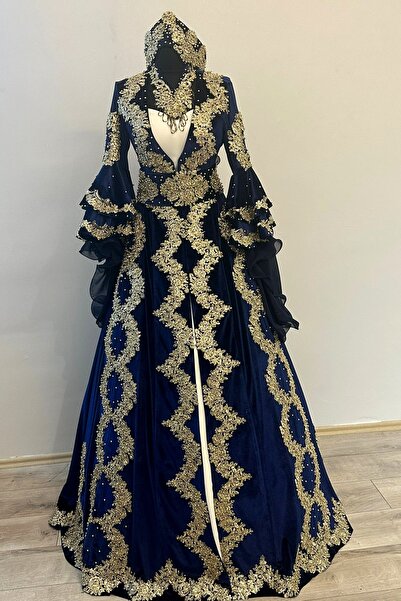 ZK ZÜMRÜT KAFTAN Altın Çiçek İşlemeli Kına Gecesi Bindallı Kaftan Takımı Elbisesi, Taç Kemer Kolye Tarlatan Seti