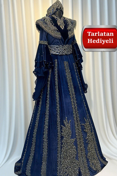 ZK ZÜMRÜT KAFTAN YENİ MODEL KADİFE GELİN BİNDALLISI BİNDALLI KAFTAN ABİYE TAÇ-KEMER-KOLYE + TARLATAN HEDİYE