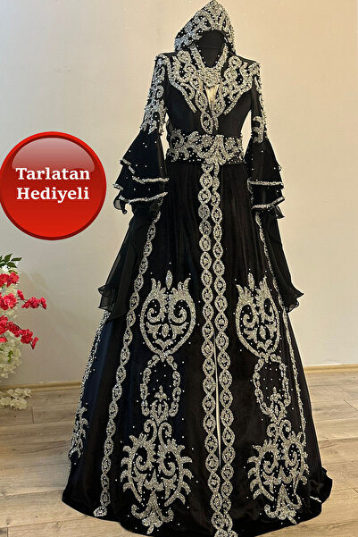 ZK ZÜMRÜT KAFTAN Bindallı Kaftan Kadife Abiye Gelin Kına Gecesi Elbisesi Tacı, Kemer, Kolye Seti ve Tarlatan Hediye
