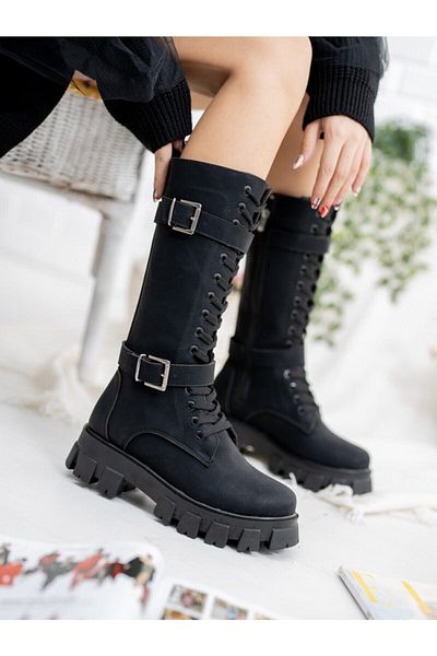 serkanseyyid Syt-2002 Black Gusseted Thick Heeled Daily Boots