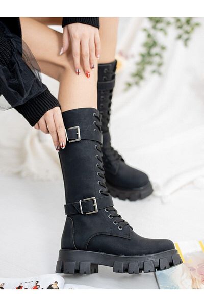 serkanseyyid Syt-2002 Black Gusseted Thick Heeled Daily Boots