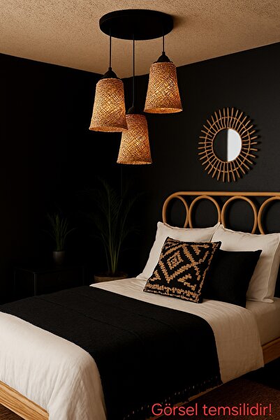 Bozyaka Aydınlatma Zeta Dekoratif 3'lü Tavan Sarkıt Siyah Gövde Hasır Aksesuarlar Iç Mekan