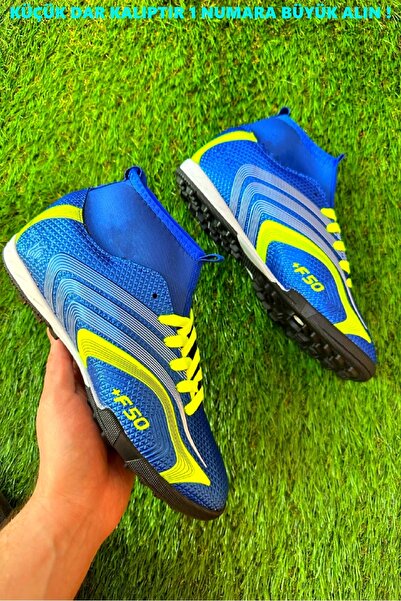 Walked Mavi Renk Erkek Çocuk Boğazlı Bilekli Düz Dişsiz Krampon Halı Saha Futbol Spor Ayakkabı-dar Kalıptır